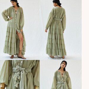 ERIKA PENA Ella Bohemian Maxi Dress Sage Green Cotton Voile OS Artisan Tiered
